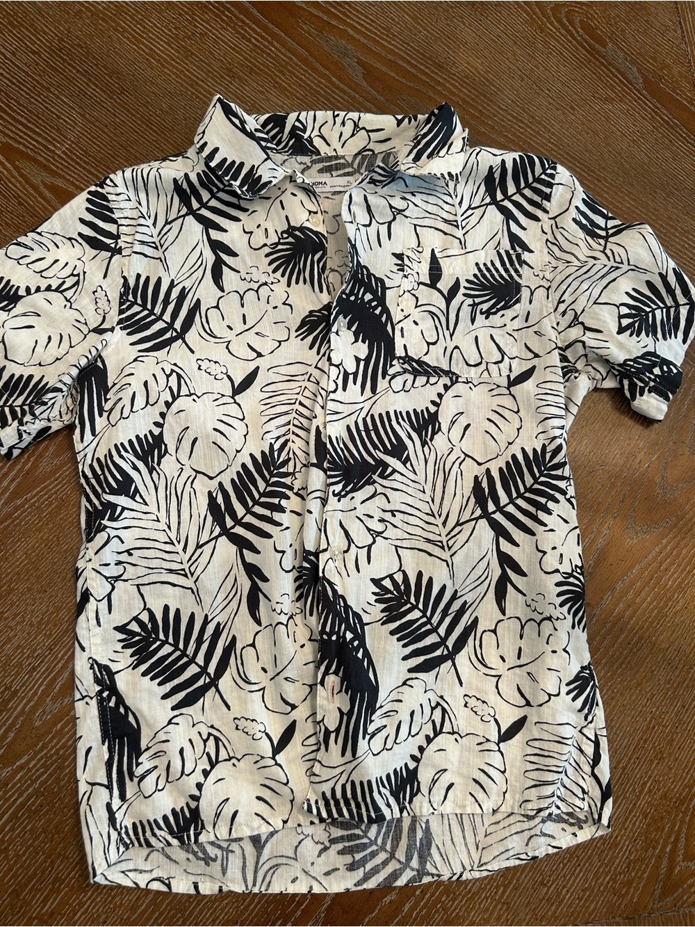 Sonoma Cream Short Sleeve Button-Up with Black Tropical Leaf Print